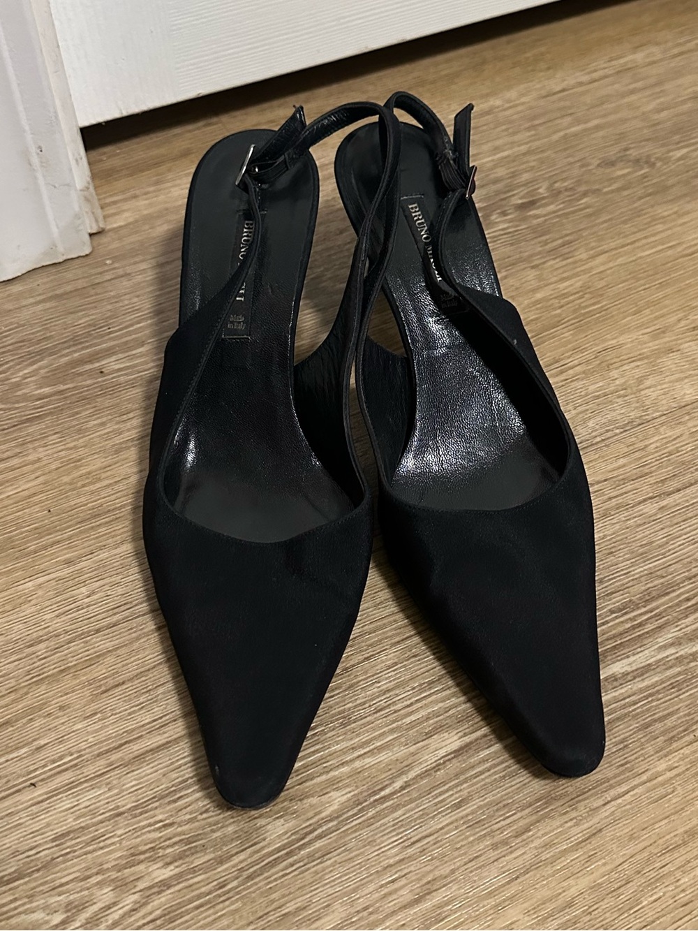 Bruno Magli Black Satin Pointed Toe Slingback Heels Pumps Size 6